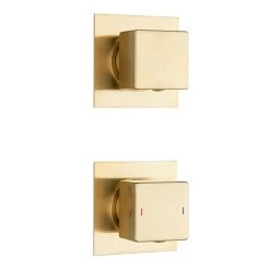 Arezzo Square Brushed Brass Concealed Individual Diverter + Thermostatic Control Shower Valve