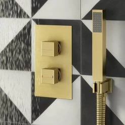 Arezzo Square Modern Twin Concealed Shower Valve with Diverter - Brushed Brass -Shower Valves Sales Store AZBBSQSVD detail01 460