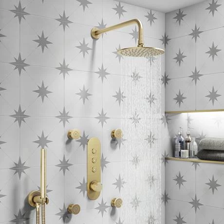 Arezzo Brushed Brass Industrial Style Push Button Shower Valve (3 Outlets) 6 Arezzo Brushed Brass Industrial Style Push Button Shower Valve (3 Outlets) - Image 4